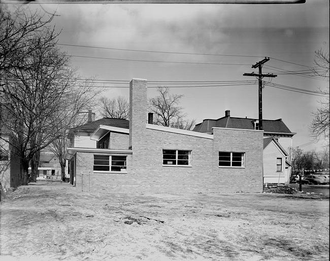 Exterior view of Plymouth Library addition from the rear, c. 1955