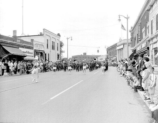 Plymouth High School Marching Band in annual parade, July 4, 1956