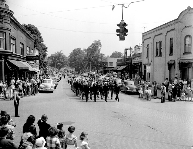 Soldiers marching south on Main Street at intersection of Penniman Avenue, Memorial Day Parade, 1950