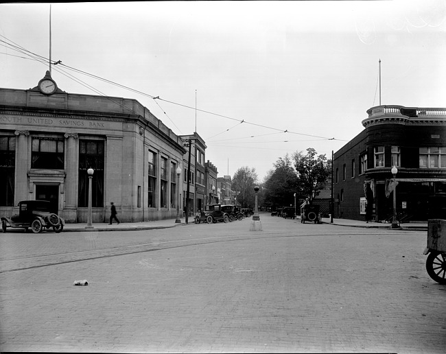 Intersection of Main St. and Penniman Avenue, looking west on Penniman