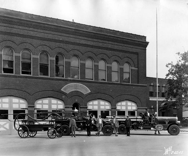 Angled view of Central Fire Station and Fire Equipment, Lansing