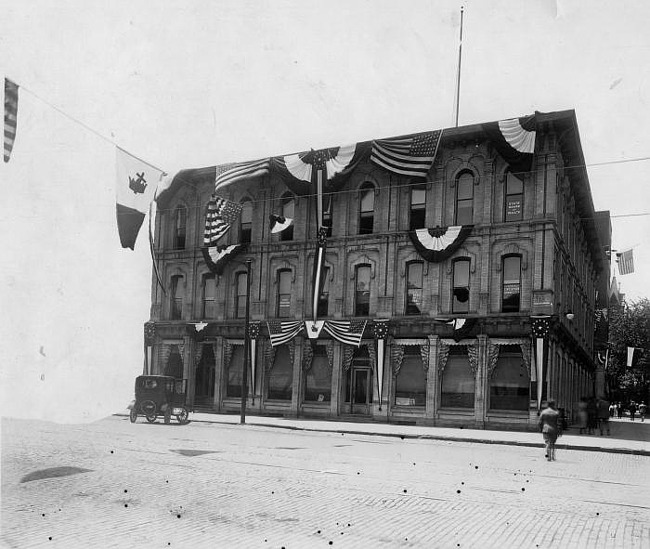 Temporary State Office Building with bunting, Lansing