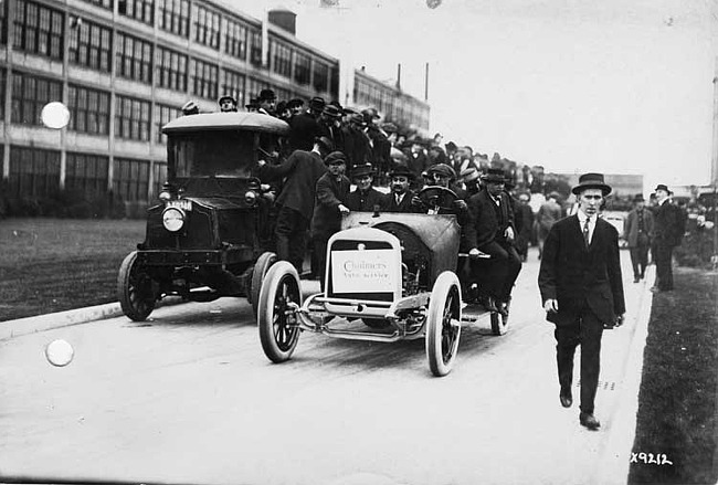 Chalmers Motor Company workers at factory during 1915 street car strike