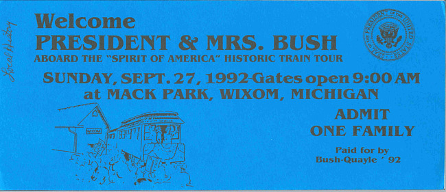 Ticket to George H. W. Bush Campaign Train Tour, 1992