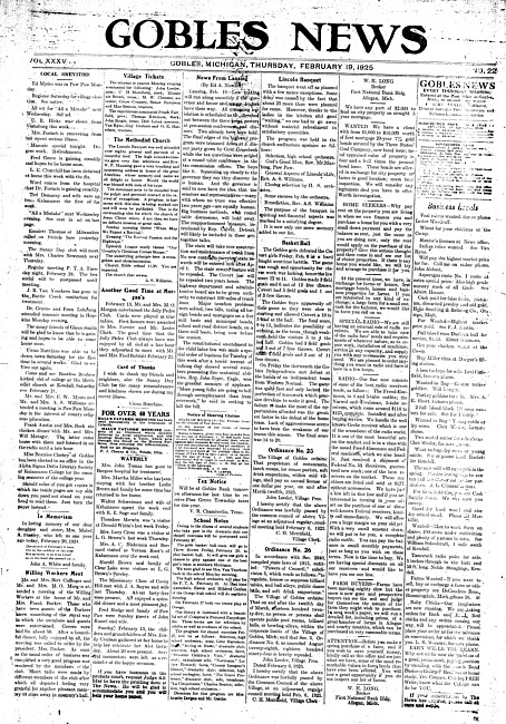 Gobles news. Vol. 35 no. 22 (1925 February 19)
