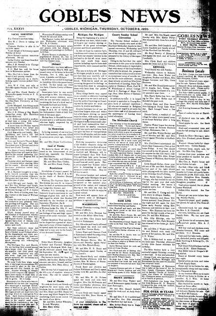 Gobles news. Vol. 36 no. 3 (1925 October 8)