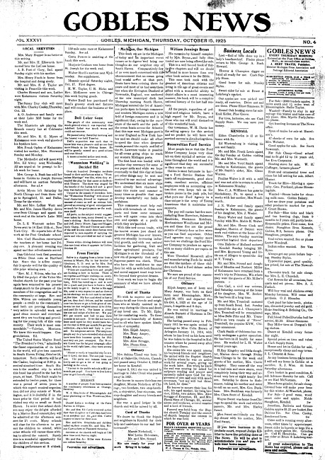 Gobles news. Vol. 36 no. 4 (1925 October 15)