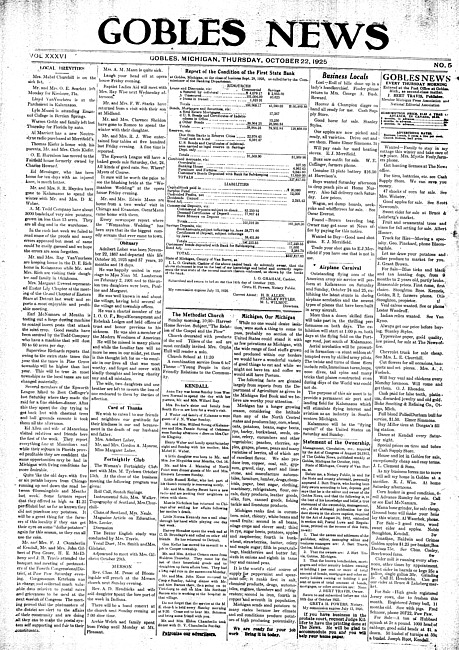 Gobles news. Vol. 36 no. 5 (1925 October 22)
