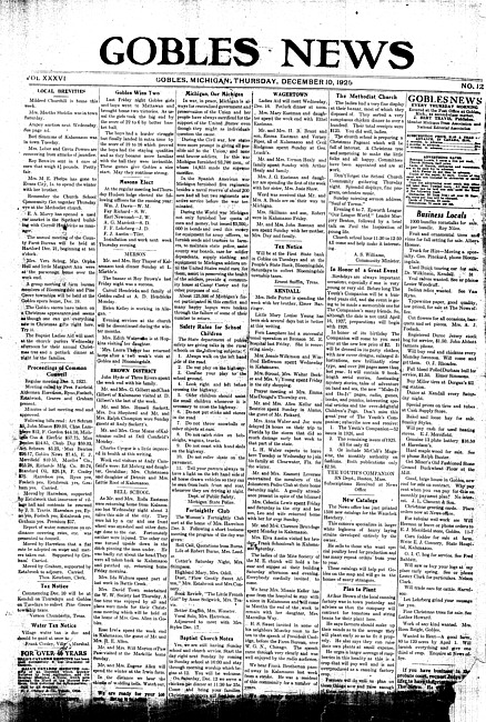 Gobles news. Vol. 36 no. 12 (1925 December 10)