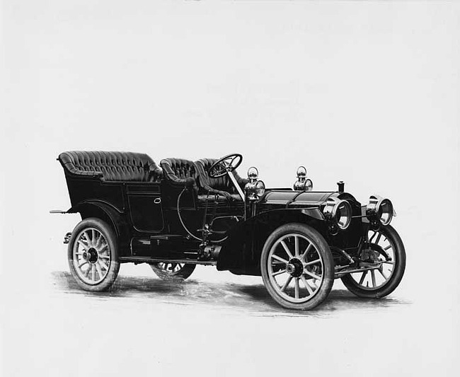 1909 Packard 30 Model UB touring car no top, three-quarter front view, right side