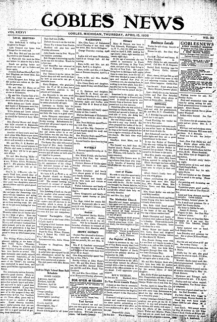 Gobles news. Vol. 36 no. 30 (1926 April 15)