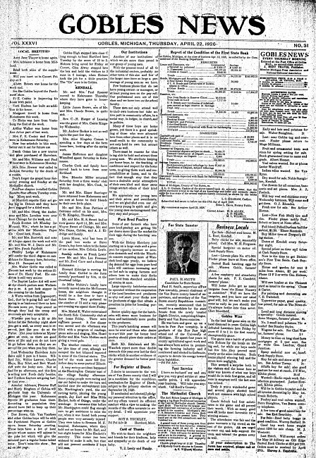Gobles news. Vol. 36 no. 31 (1926 April 22)