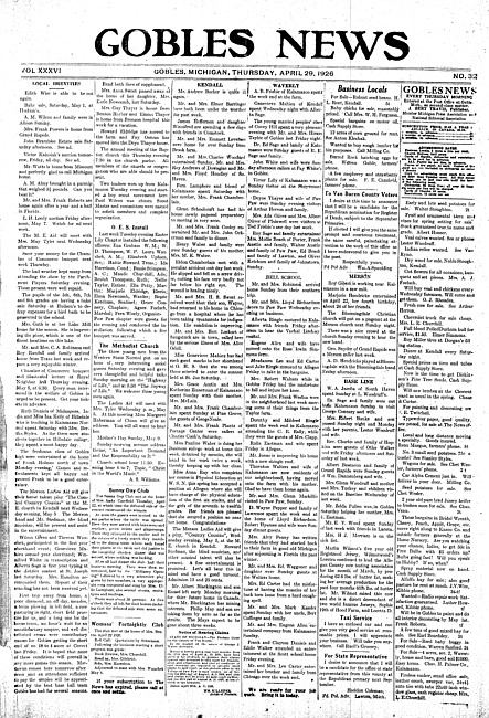 Gobles news. Vol. 36 no. 33 (1926 April 29)