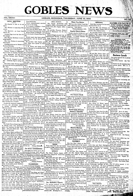 Gobles news. Vol. 36 no. 38 (1926 June 10)