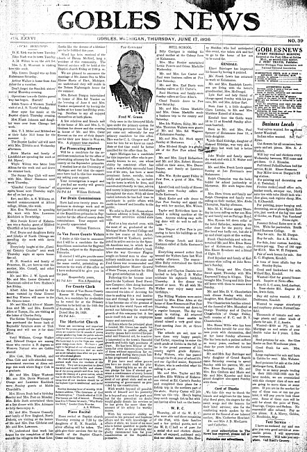 Gobles news. Vol. 36 no. 39 (1926 June 17)
