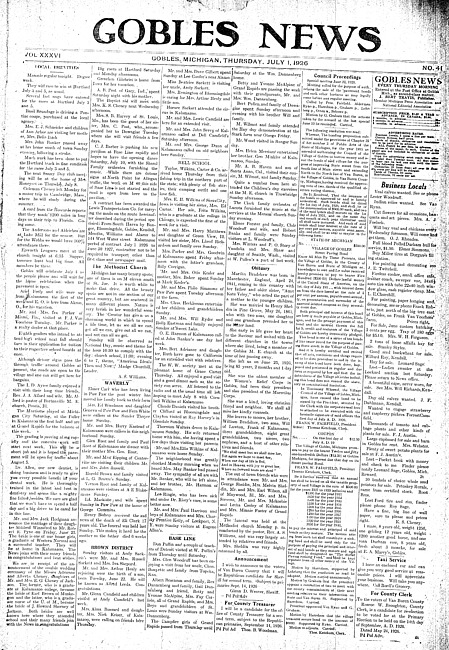 Gobles news. Vol. 36 no. 41 (1926 July 1)