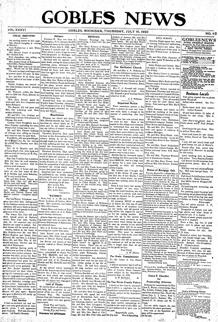 Gobles news. Vol. 36 no. 43 (1926 July 15)