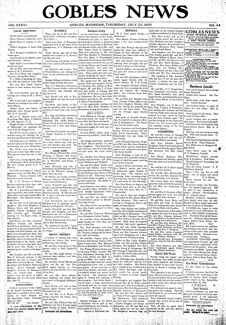 Gobles news. Vol. 36 no. 44 (1926 July 22)