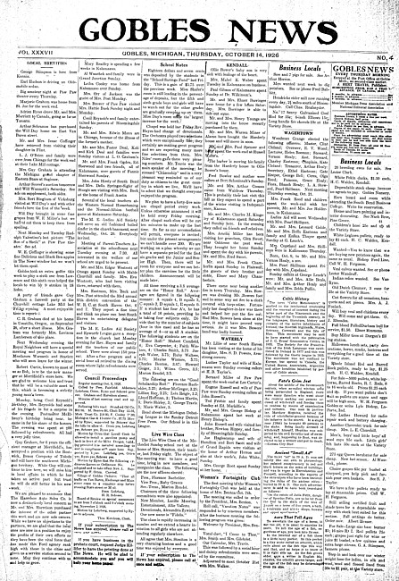 Gobles news. Vol. 37 no. 4 (1926 October 14)