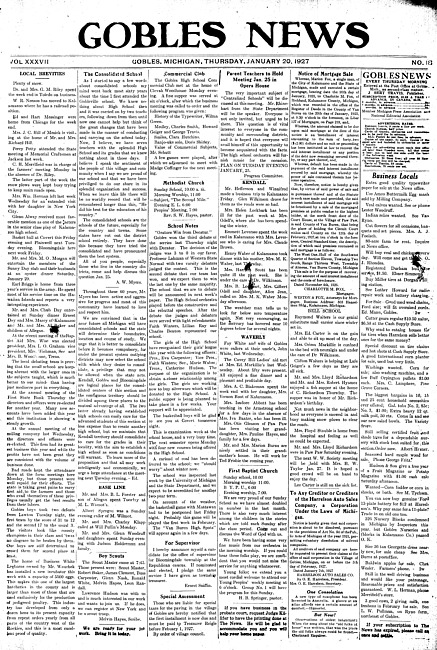 Gobles news. Vol. 37 no. 18 (1927 January 20)