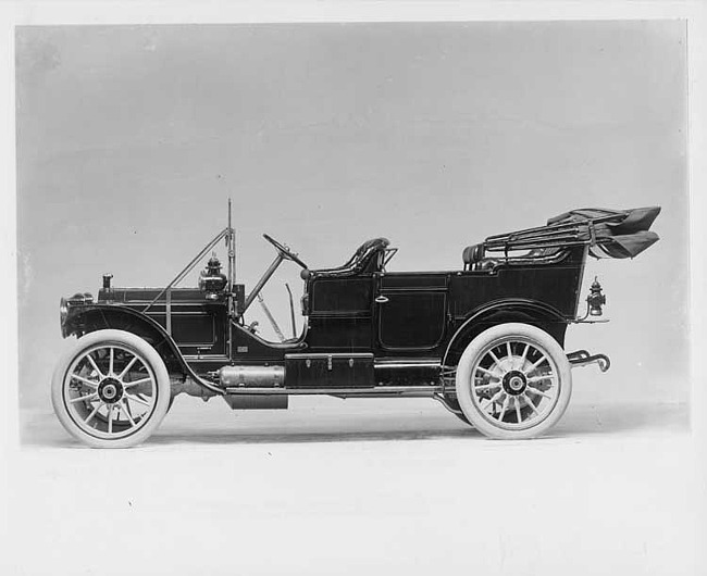 1910 Packard 30 Model UC touring car, left side view, top lowered