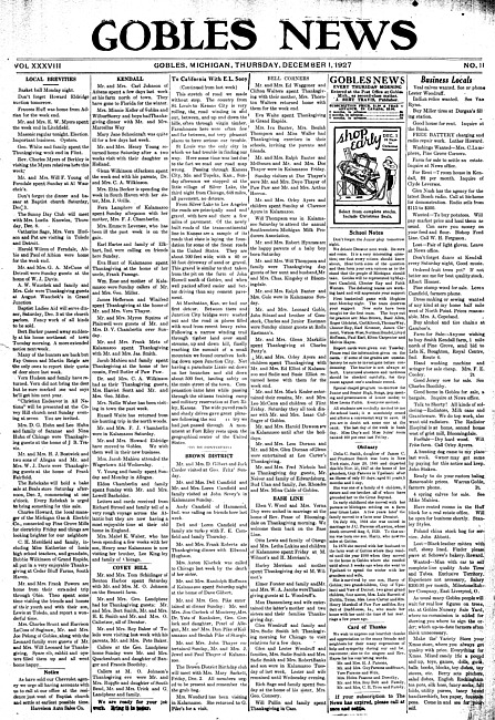 Gobles news. Vol. 38 no. 11 (1927 December 1)