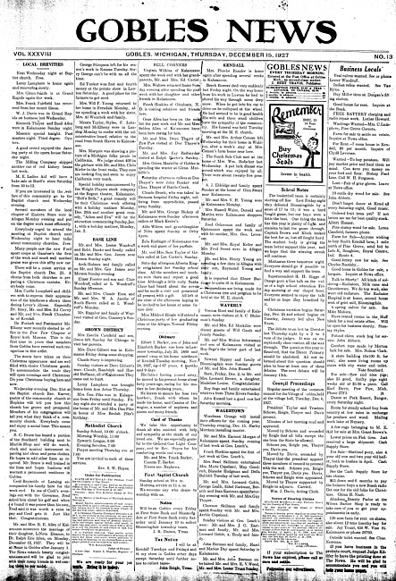 Gobles news. Vol. 38 no. 13 (1927 December 15)
