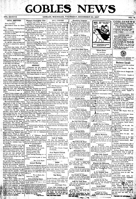 Gobles news. Vol. 38 no. 14 (1927 December 22)