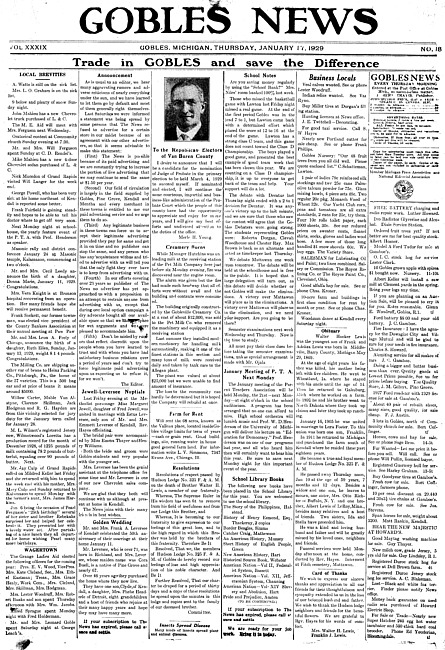 Gobles news. Vol. 39 no. 18 (1929 January 17)