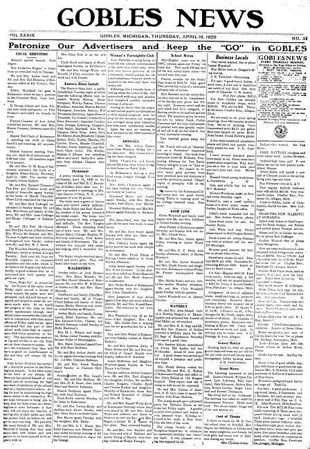 Gobles news. Vol. 39 no. 31 (1929 April 18)