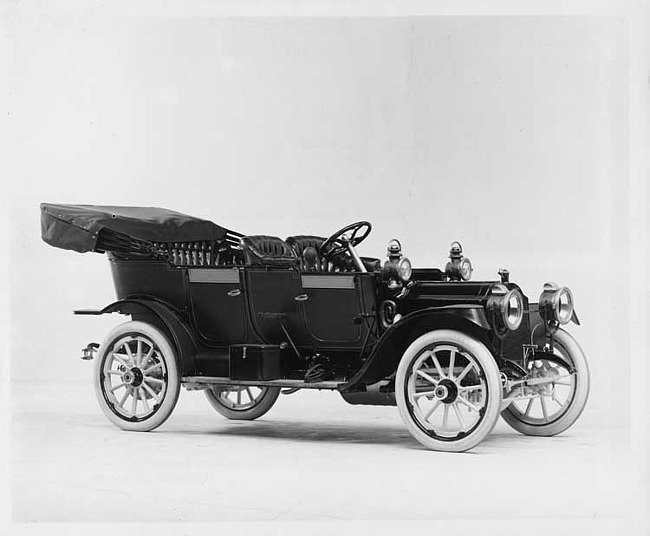 1910 Packard 18 Model NC open car, three-quarter front view, right side, top folded