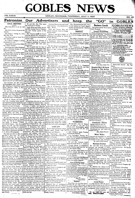 Gobles news. Vol. 39 no. 43 (1929 July 11)