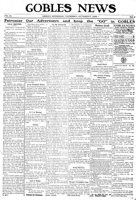 Gobles news. Vol. 40 no. 5 (1929 October 17)