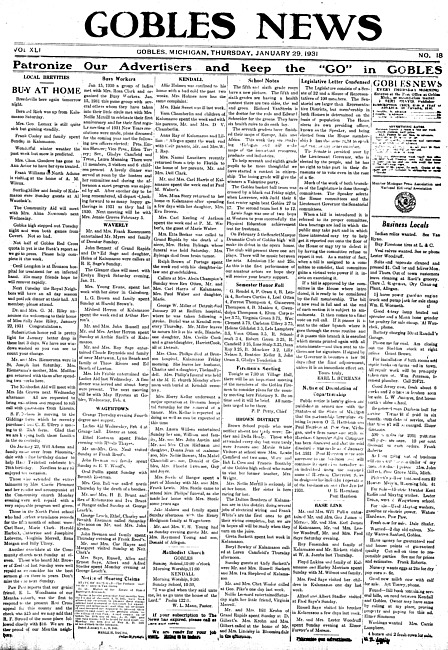 Gobles news. Vol. 41 no. 18 (1931 January 29)