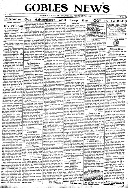 Gobles news. Vol. 41 no. 19 (1931 February 5)