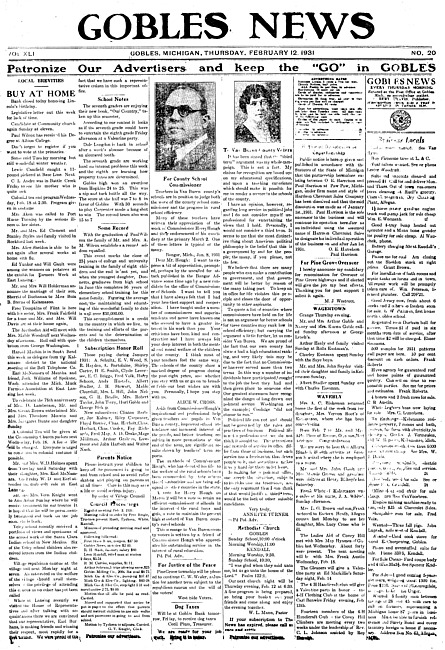 Gobles news. Vol. 41 no. 20 (1931 February 12)