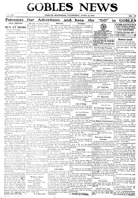 Gobles news. Vol. 41 no. 27 (1931 April 2)