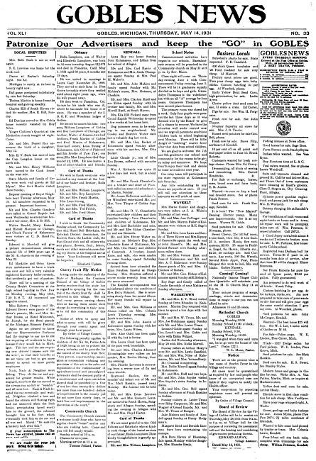 Gobles news. Vol. 41 no. 33 (1931 May 14)