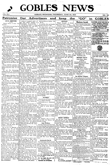 Gobles news. Vol. 41 no. 39 (1931 June 25)
