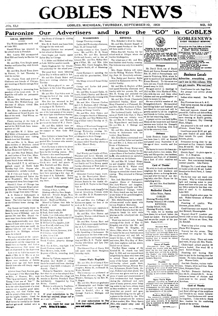 Gobles news. Vol. 41 no. 50 (1931 September 10)