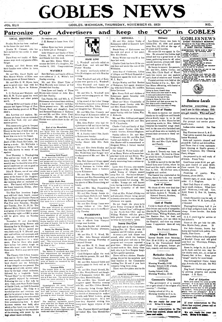 Gobles news. Vol. 42 no. 8 (1931 November 19)