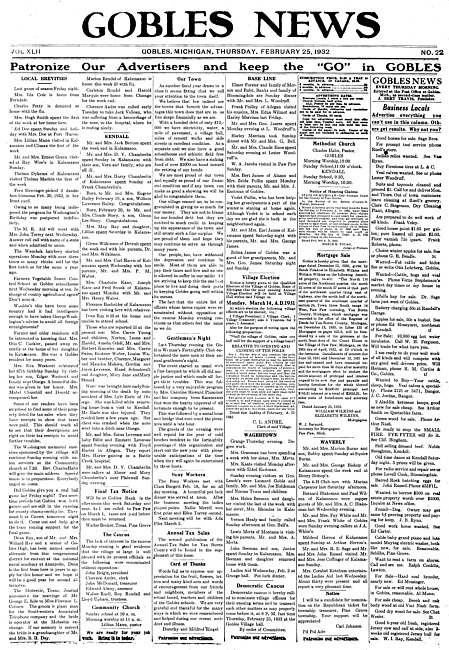 Gobles news. Vol. 42 no. 22 (1932 February 25)
