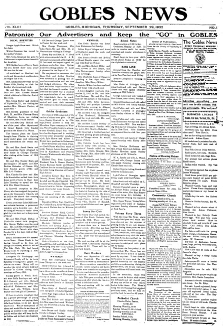 Gobles news. Vol. 43 no. 1 (1932 September 29)