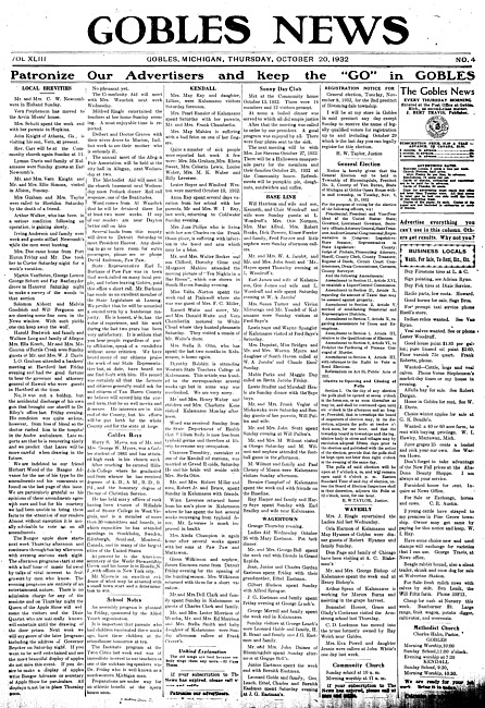 Gobles news. Vol. 43 no. 4 (1932 October 20)