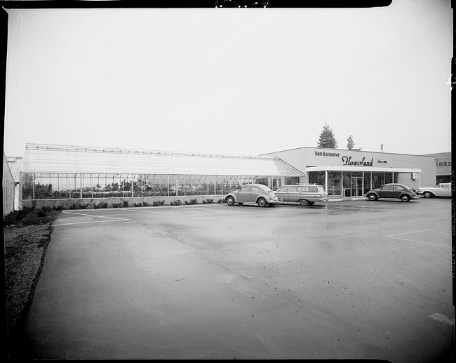Greenhouse with cars in parking lot