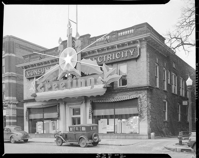 Exterior of building with Christmas dÃ©cor, daytime