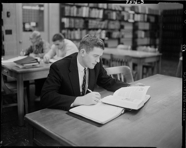 Male student working at a library table