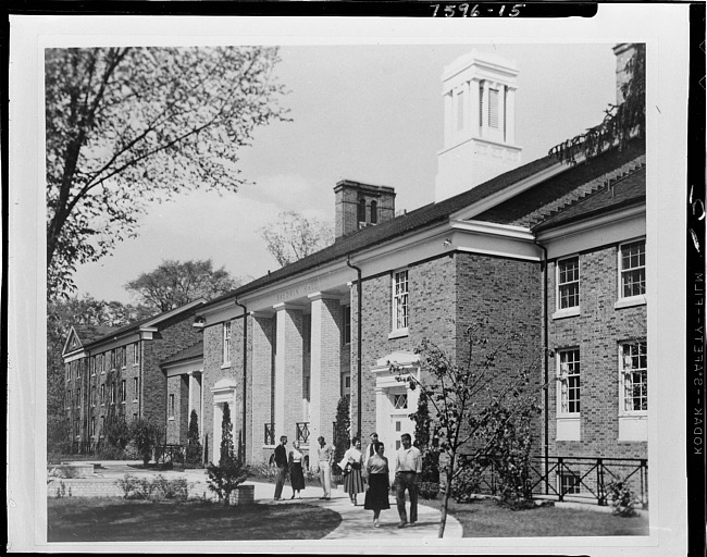 People walking outside of university buildings, Albion College