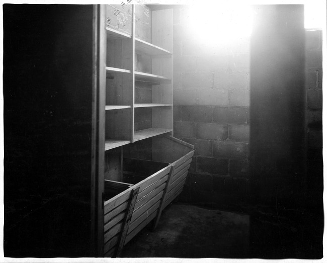 Storage bins in basement, photograph