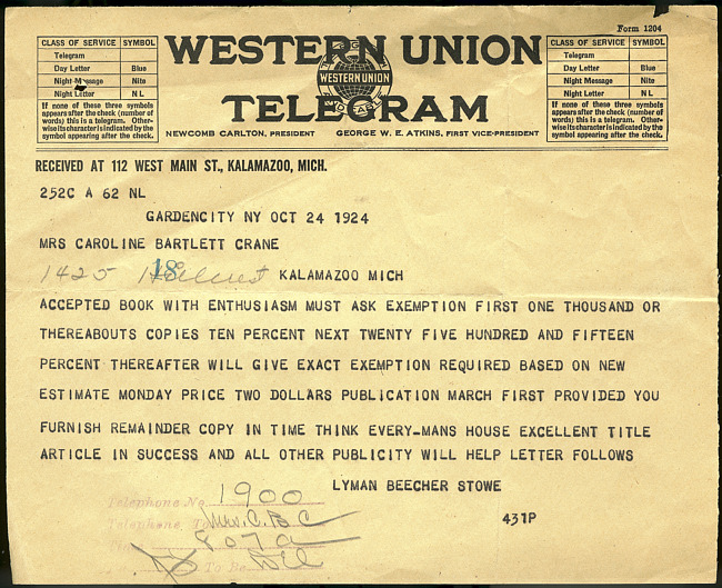 Telegram from Lyman Beecher Stowe